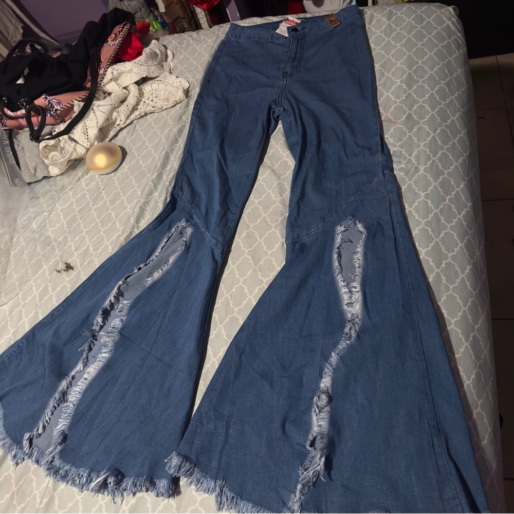 Blue Flare Wide Leg Jeans with Distressed Details
